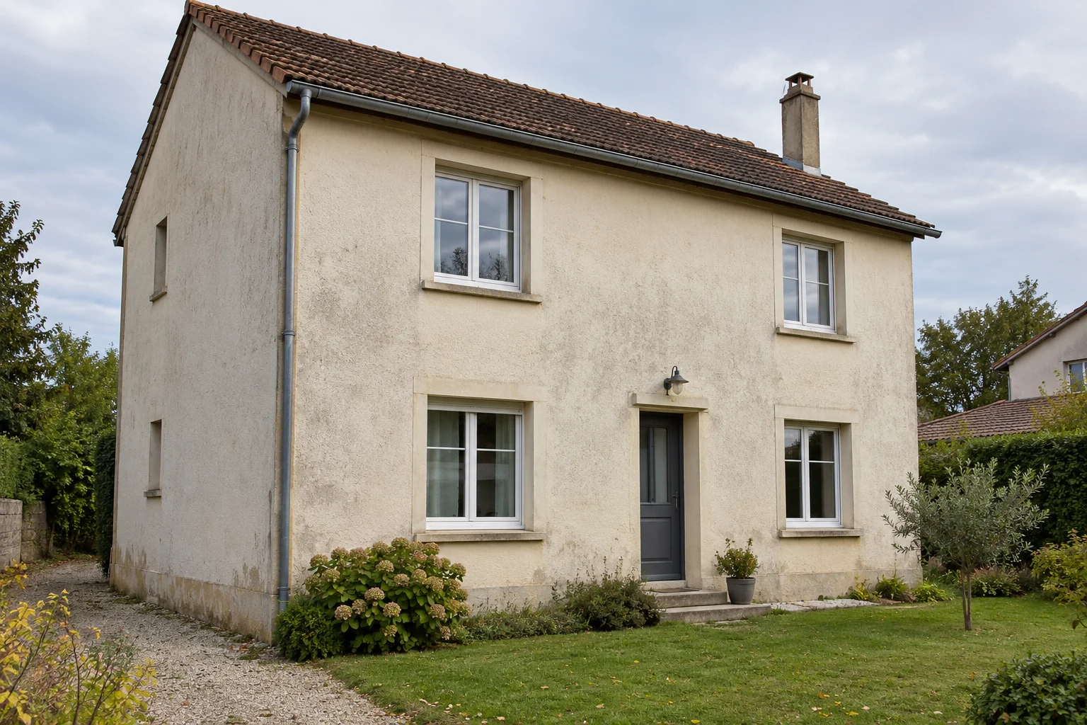 Illustration générée : même maison avant rénovation de sa façade.