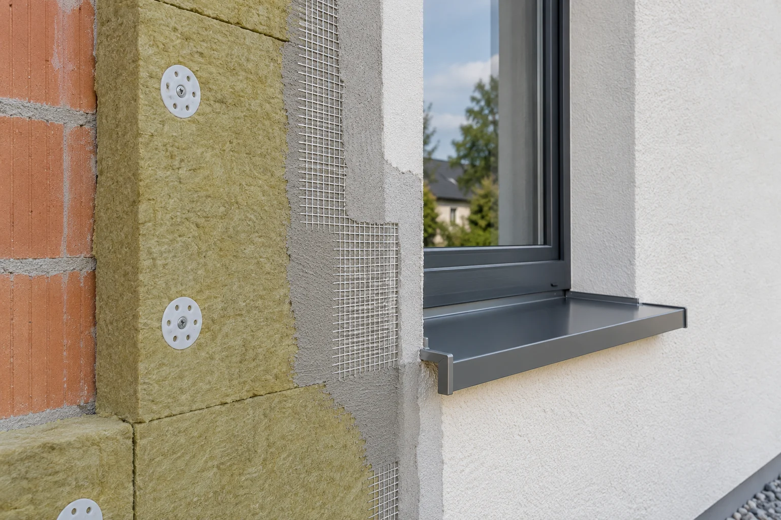 Illustration générée des couches d’un système isolant en façade.