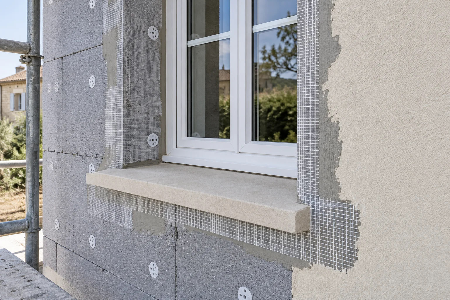 Illustration générée : système isolant en façade.