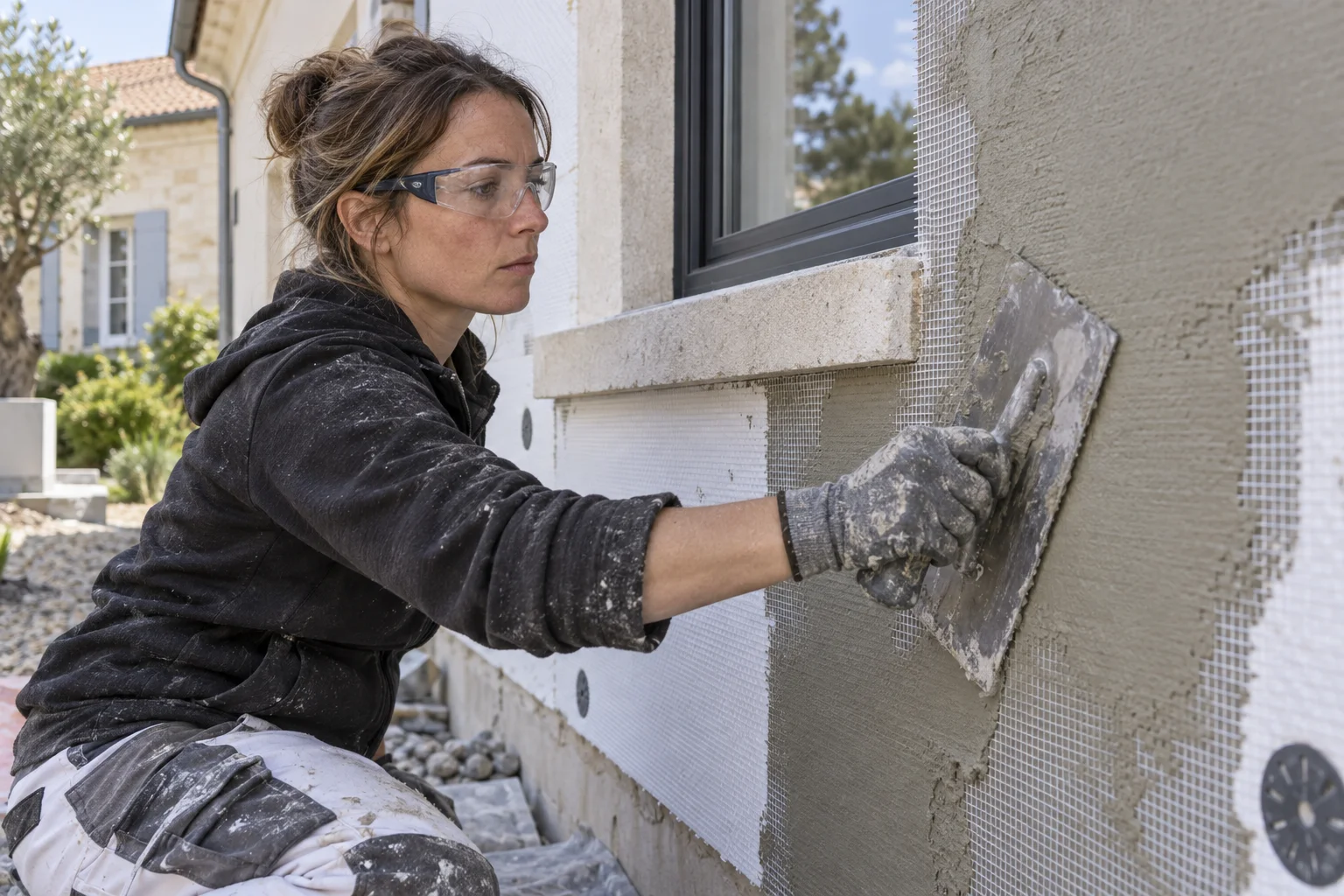 Illustration générée : système isolant en façade.